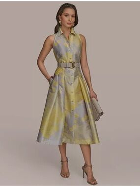 Donna Karan NWT Yellow and Light Gray Sleeveless Midi Shirt Dress